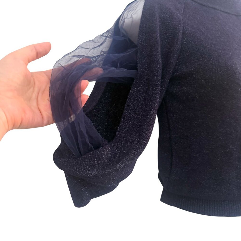 Midnight Blue Sparkle Knit Sheer Sleeve Top NWT | S - Picture 6 of 9